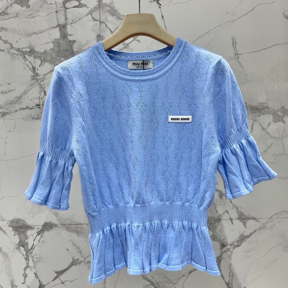 Miu Miu Tops - MIU MIU blue short-sleeved knit top with ruffled hem and cuffs